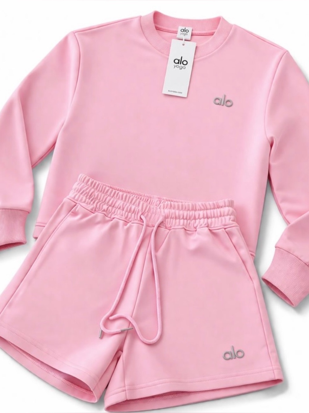 ALO Pink Cozy Crewneck & Shorts Set